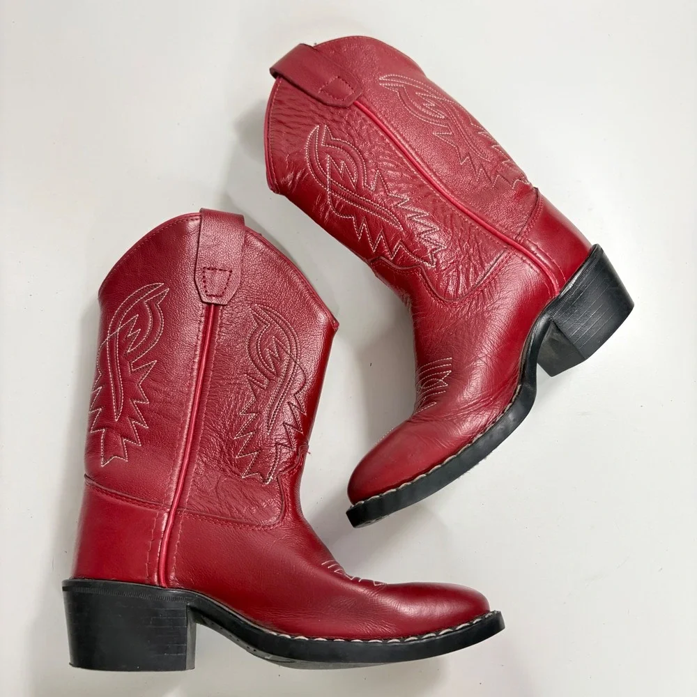 Old West Kids Red Leather Western Cowboy Boots 8116 Size 12 D